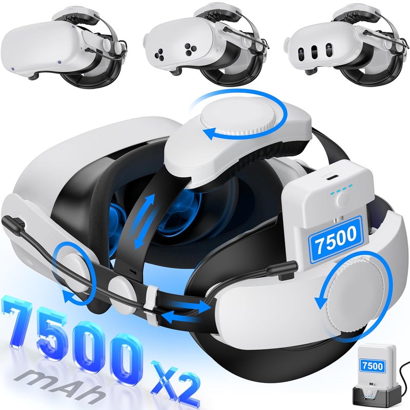 Kawaye حزام رأس لجهاز Meta Quest 3S/3/2 مع بطاريات قابلة للتبديل بسعة 15000mAh (7500 × 2) لوقت لعب من 6-8 ساعات، حزام رأس VR قابل للتعديل مع وسادة دعم كبيرة لتعزيز الدعم وتقليل الضغط - MQ2002 - Image 1